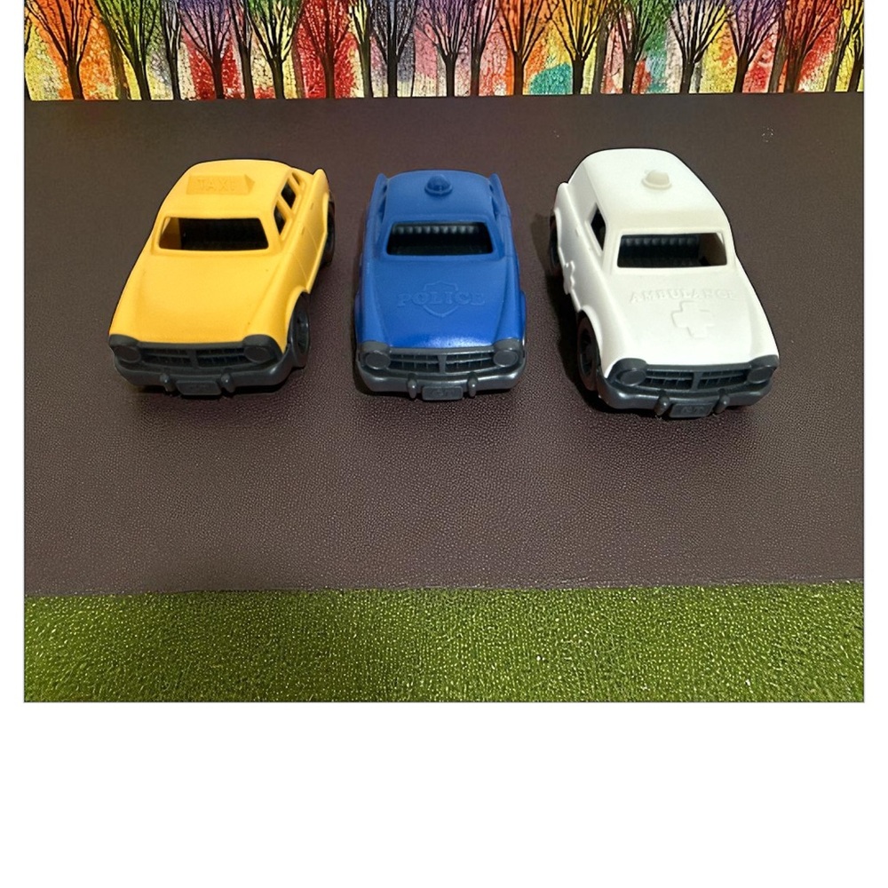 3 Green Toys Mini Vehicles Taxi Police Car Ambulance 4”x2”